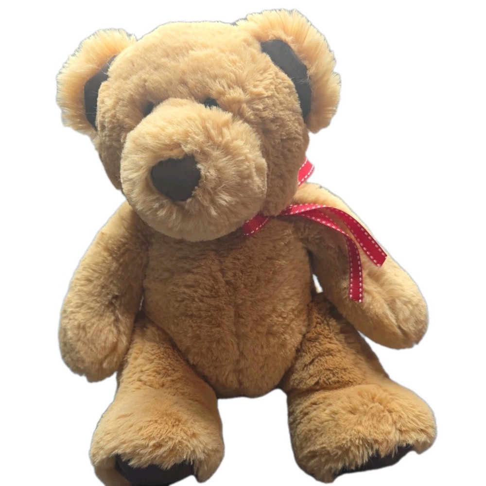 Plush Teddy Bear Tan Brown Red Ribbon Bow Excellent Condition